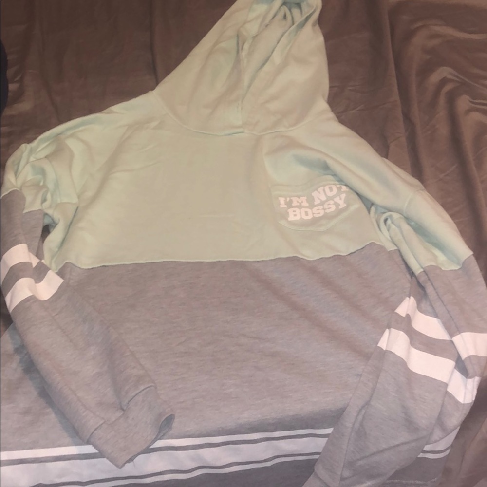 A mint and grey colored sweatshirt